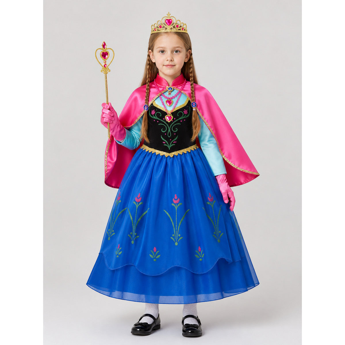 Children's Princess Anna Costume with Cape and Accessories on-model view