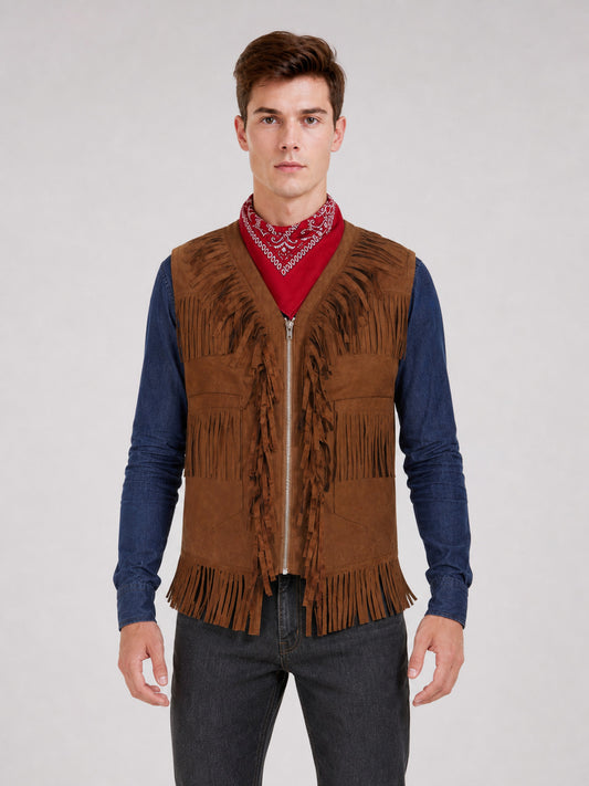 Front view of a brown suede-look vest with zipper, chest pockets, and fringe worn over a blue long-sleeve shirt