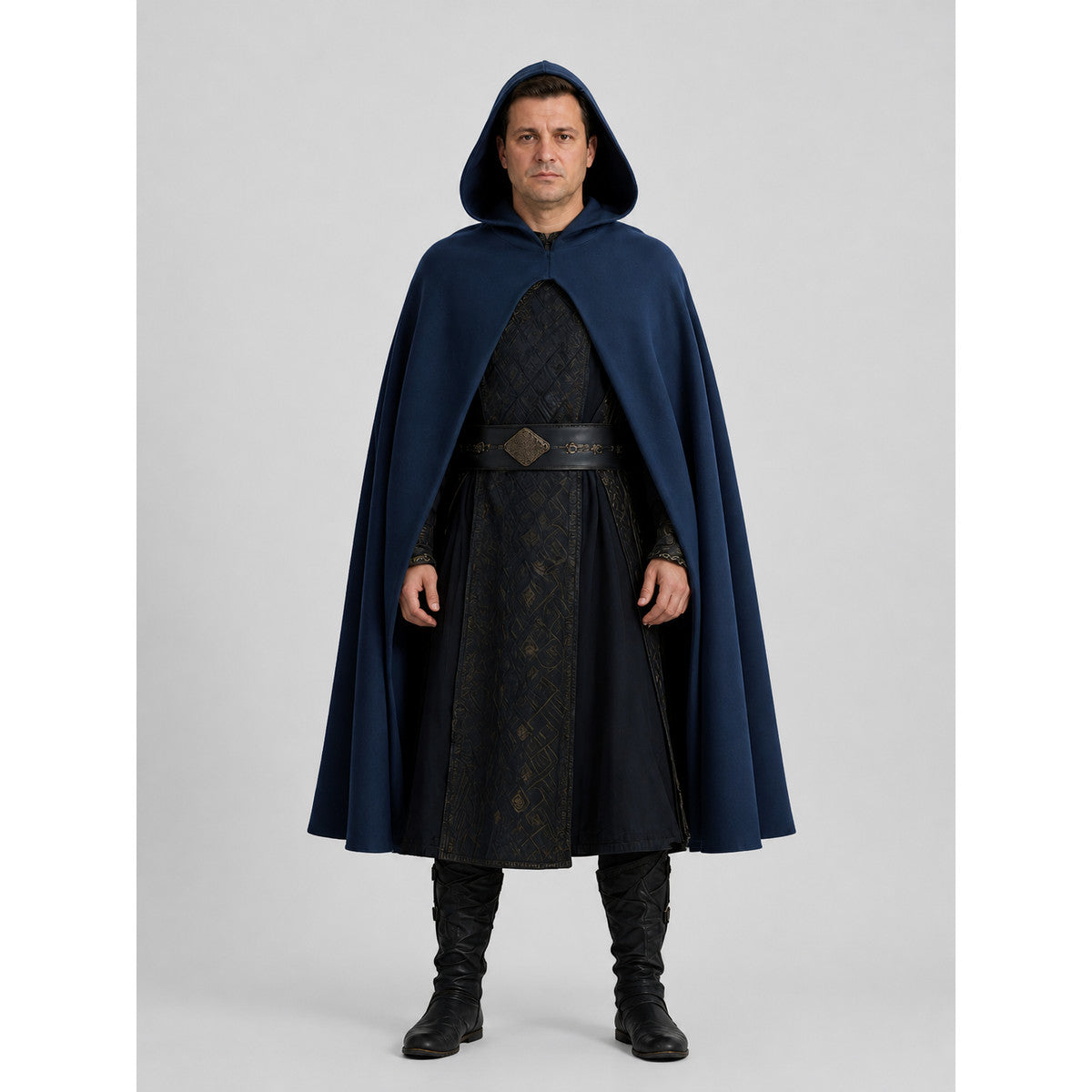 Medieval Long Blue Hooded Cloak for Adults on-model view