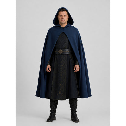 Medieval Long Blue Hooded Cloak for Adults on-model view
