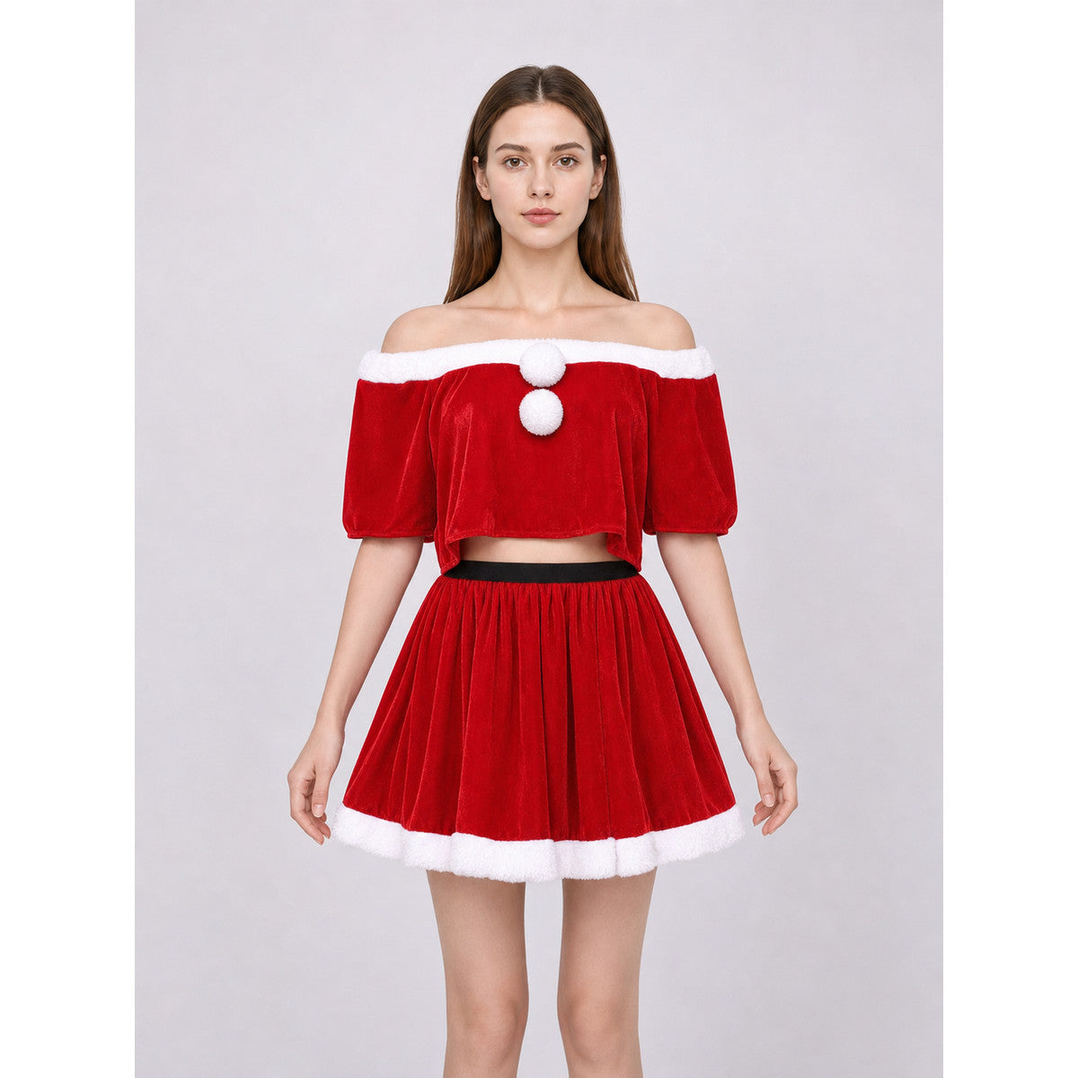 Festive Santa Claus Costume: Top, Skirt, and Hat front view