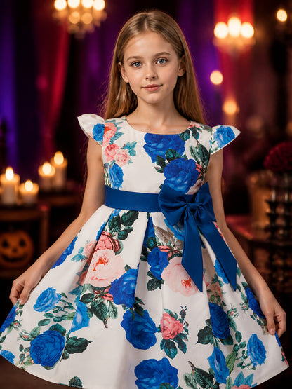 Girls' Princess Dress, Floral Print Short Sleeve Party Dress with Blue Bow on-model view
