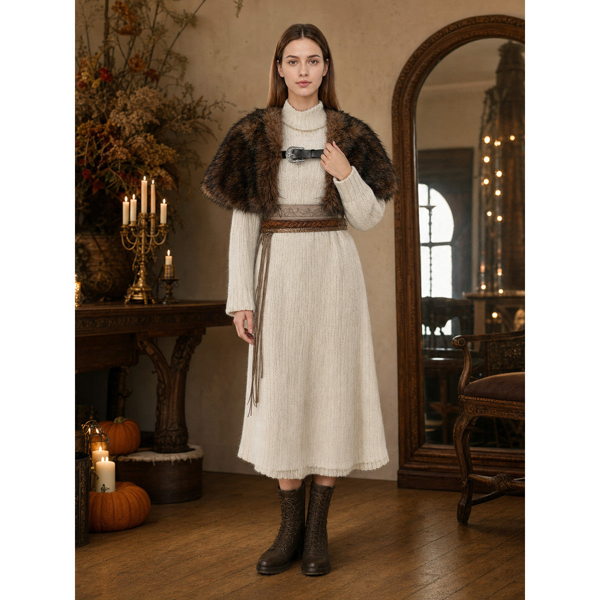 Black And Dark Brown Open Front Shoulder Shawl With Black Buckle, Silver Decorative Button, Wide Coverage And Fluffy Edge