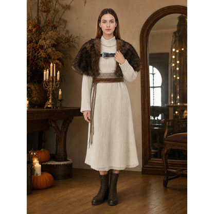 Black And Dark Brown Open Front Shoulder Shawl With Black Buckle, Silver Decorative Button, Wide Coverage And Fluffy Edge