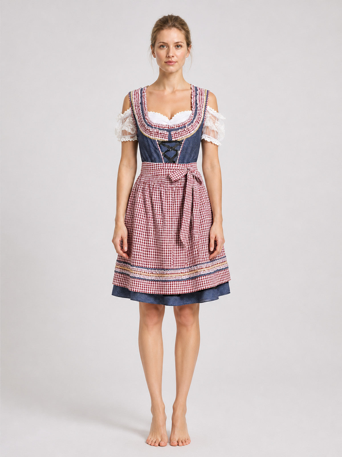 Oktoberfest Dress, Red-and-White Plaid with Corset on-model view