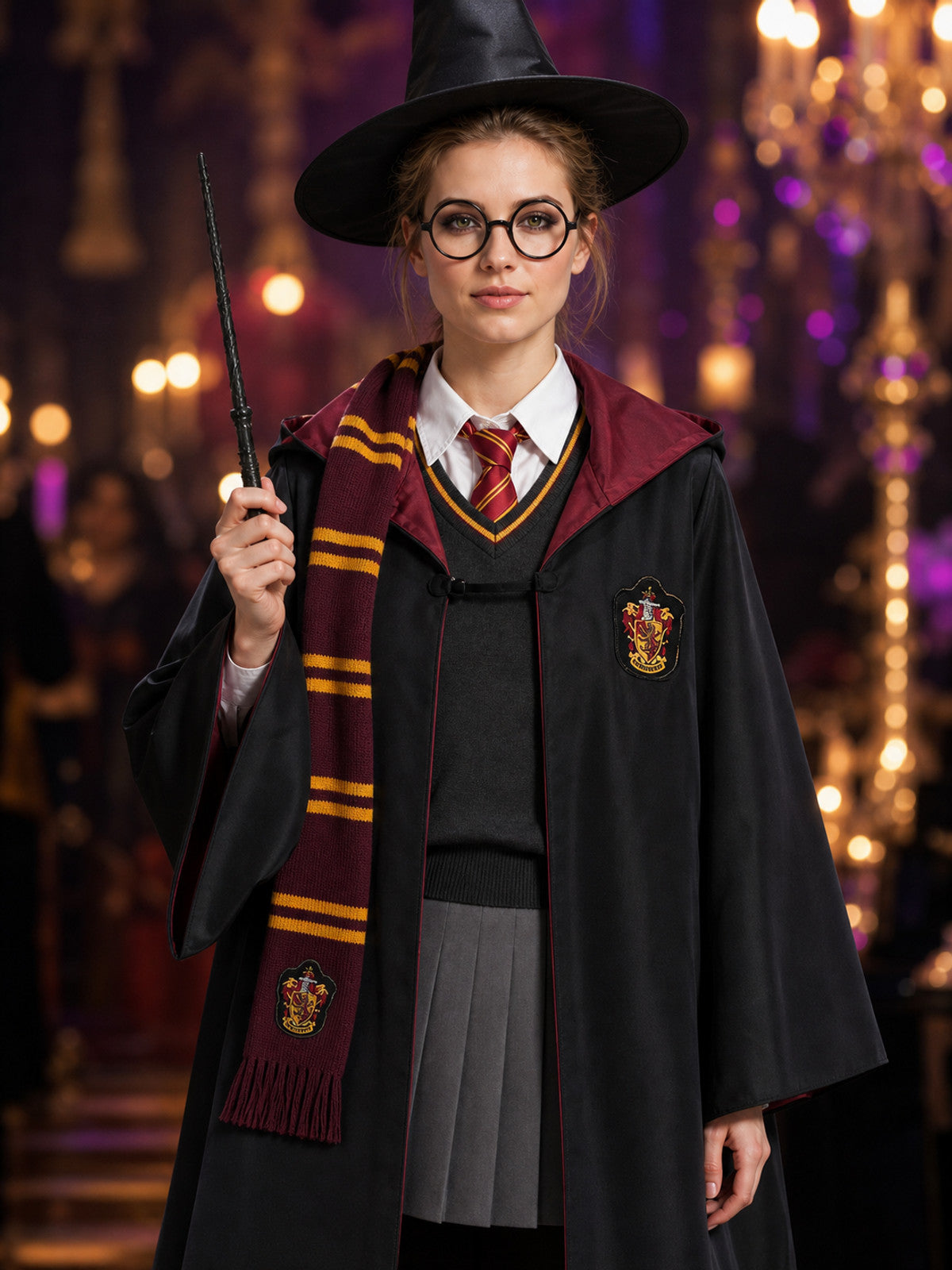 Wizard Robe Costume Set with Striped Scarf, Tie, Wand, Glasses, Hat, Shirt on-model view