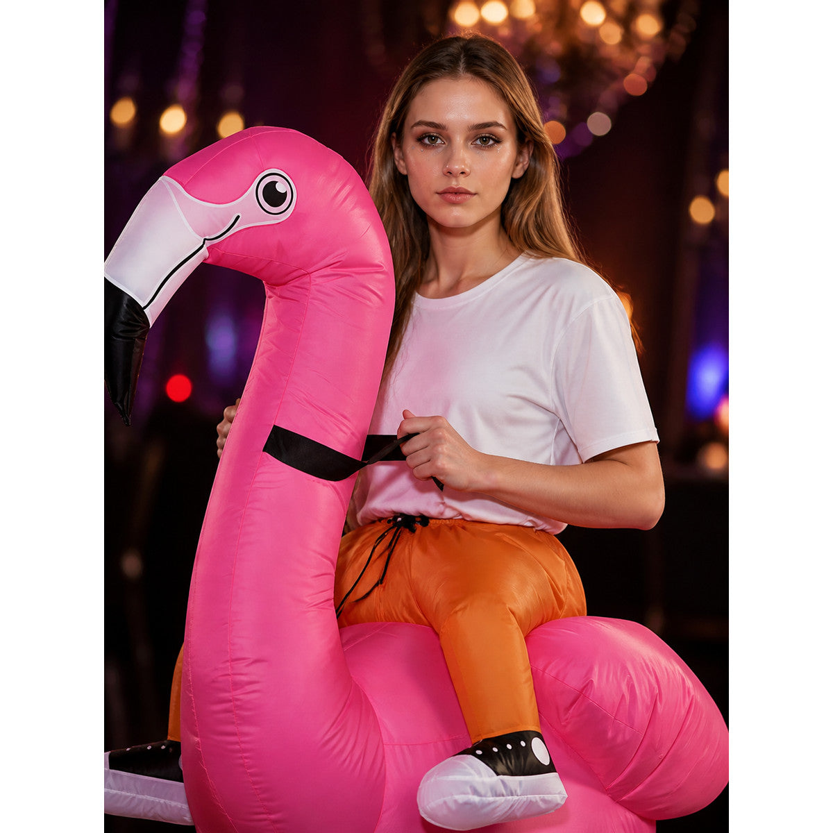 Inflatable Flamingo Costume, Funny Halloween Bird Suit for Adults and Kids on-model view