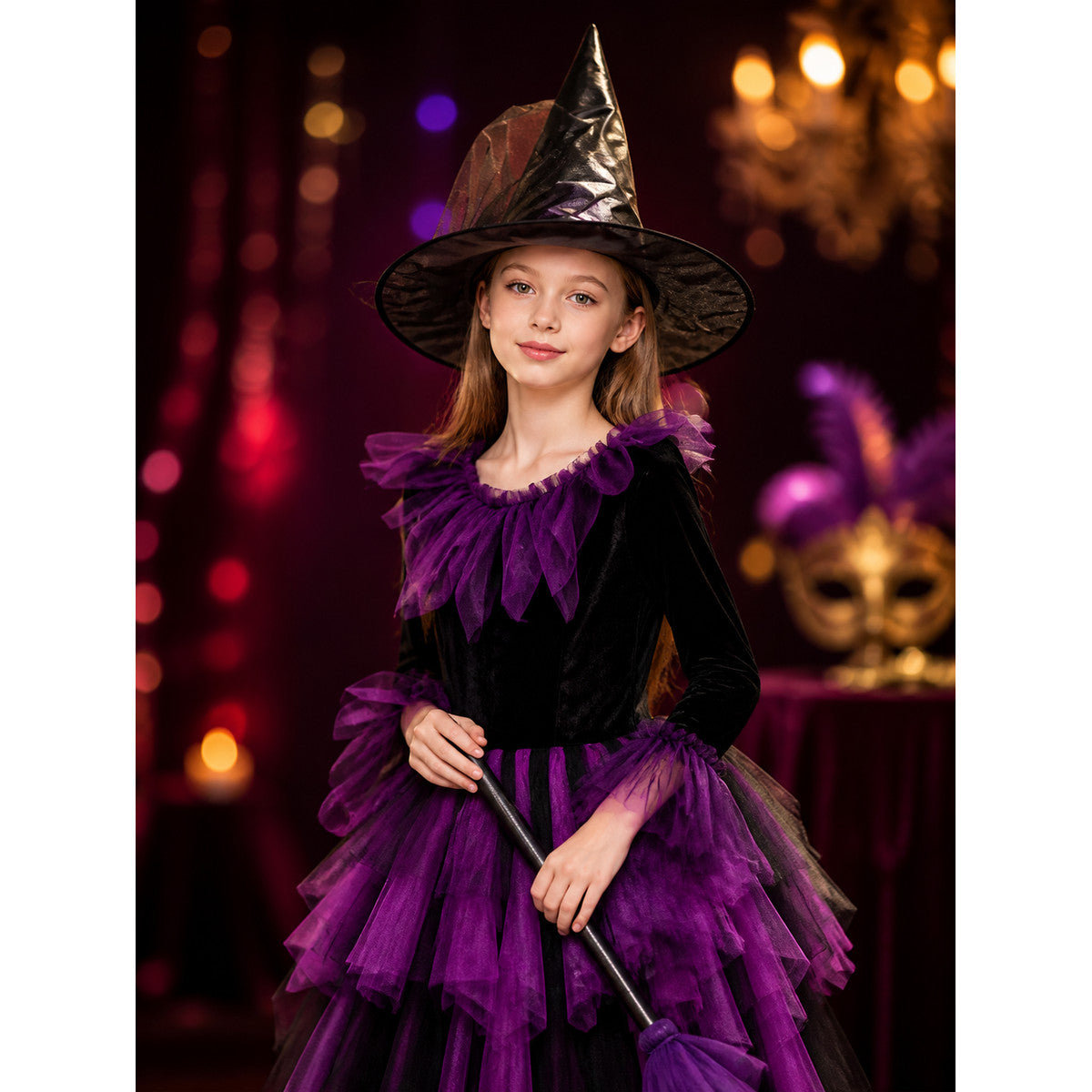 Women's Witch Costume Set, Black & Purple Layered Tulle Dress for Halloween