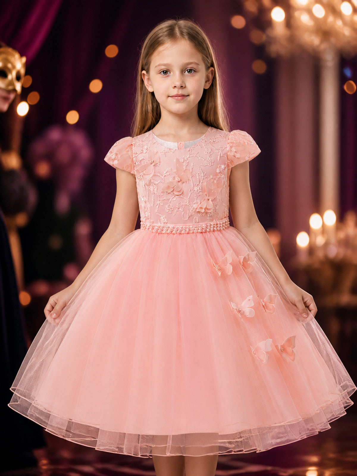 Baby Girls' Pink Princess Formal Dress, Short Sleeves, Layered Tulle Skirt, Bow on-model view