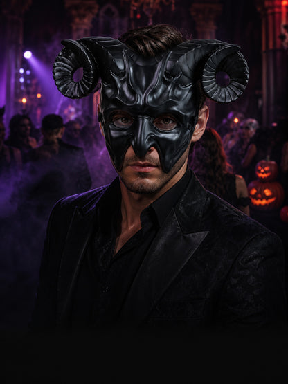 Black full-face demon mask with curled horns worn by a man in a dark Halloween party setting