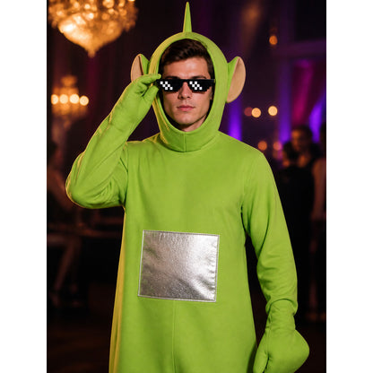 Adult Unisex Green Hooded Character Onesie Costume with Antenna, Pixel Glasses &