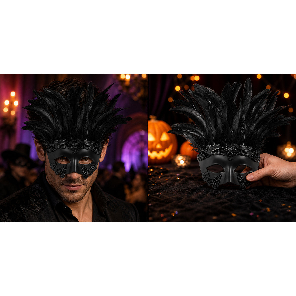 Black masquerade mask with tall feathers shown on a male model and held by hand in a candlelit Halloween scene