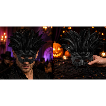 Black masquerade mask with tall feathers shown on a male model and held by hand in a candlelit Halloween scene