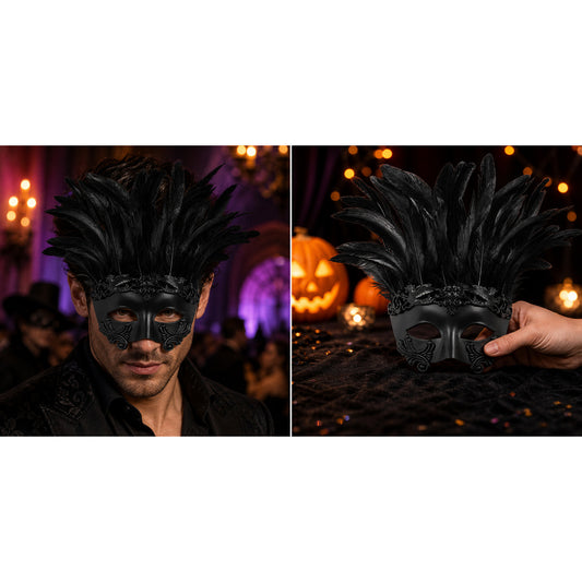Black masquerade mask with tall feathers shown on a male model and held by hand in a candlelit Halloween scene