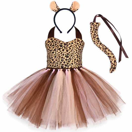 Baby Girls Halloween Animal Cosplay Costume Kids Forest Theme Giraffe Cows Tiger Leopard Zebra Print Tutu Dress Birthday Party - Color:5