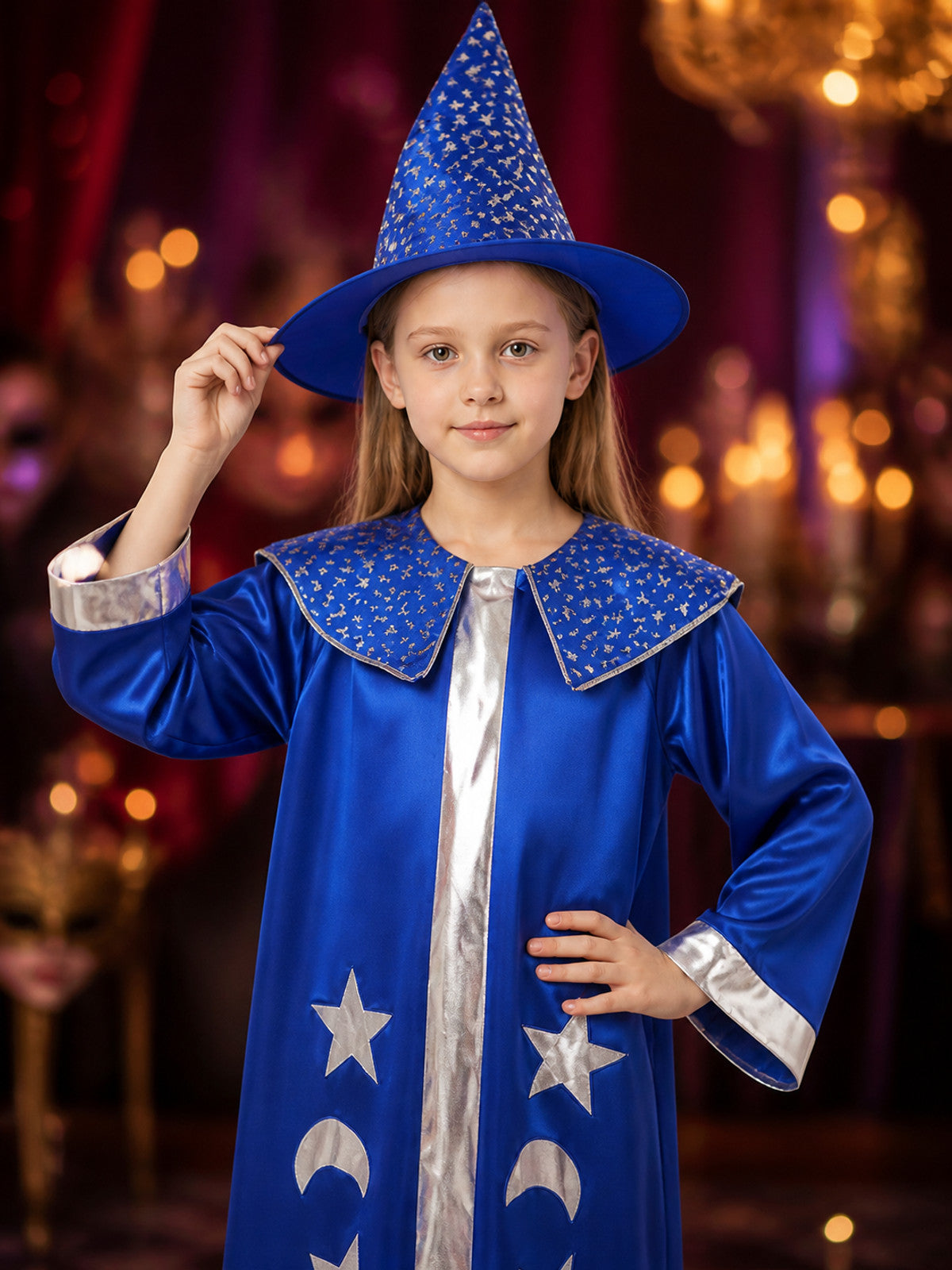 Blue Wizard Costume Set, Star Moon Cloak and Pointed Hat on-model view
