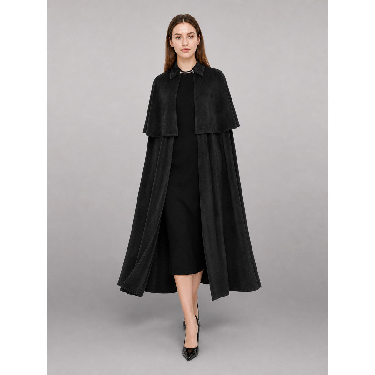 Black Gothic-Style Carnival Cloak front view