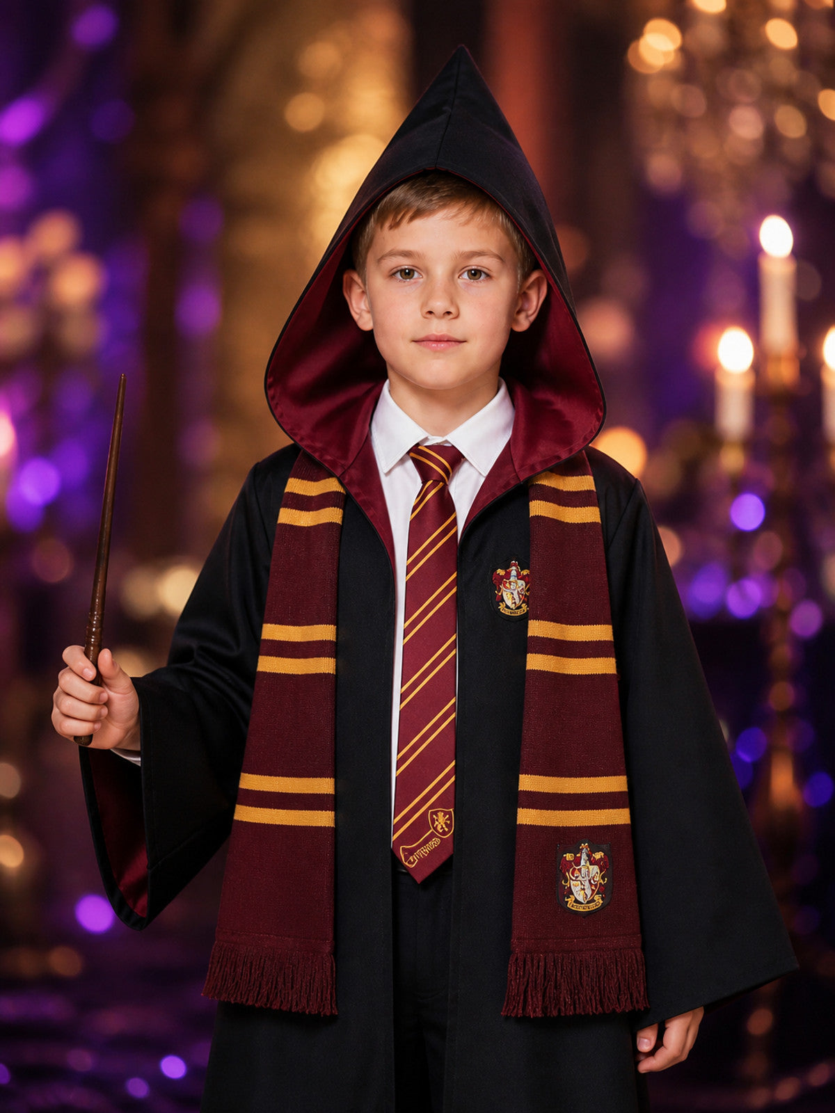 Hooded Wizard Robe Costume Set With Shirt, Tie, Scarf And Pointed Hat on-model view