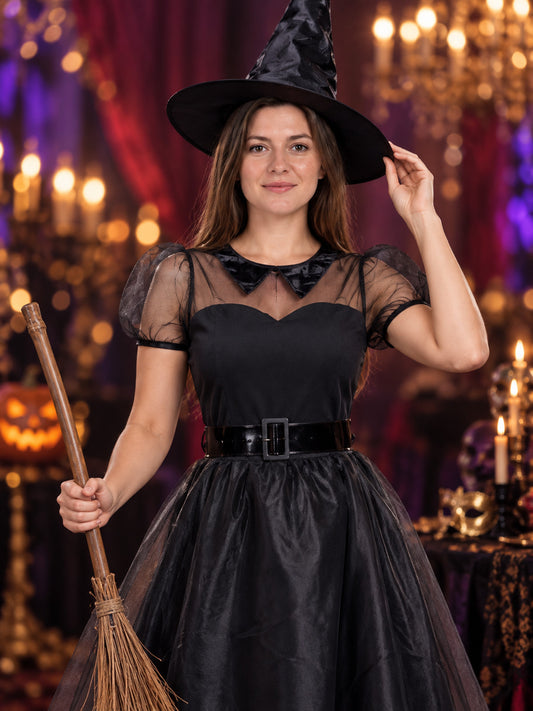 Witch Costume with Black Mesh, Midi Dress, Hat, and Belt