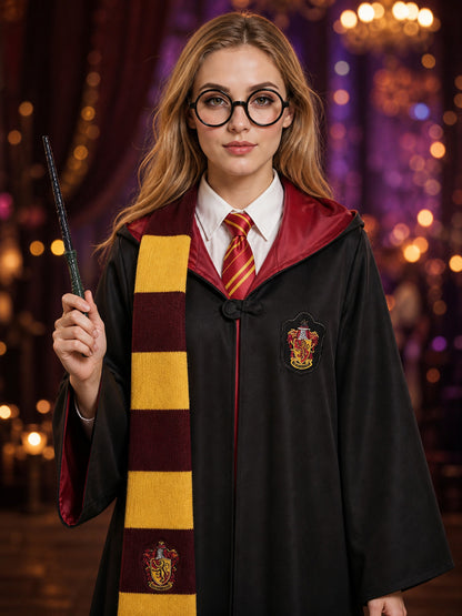 Children's Gryffindor-Style Wizard Costume Set, Hooded Robe With Tie, Scarf on-model view