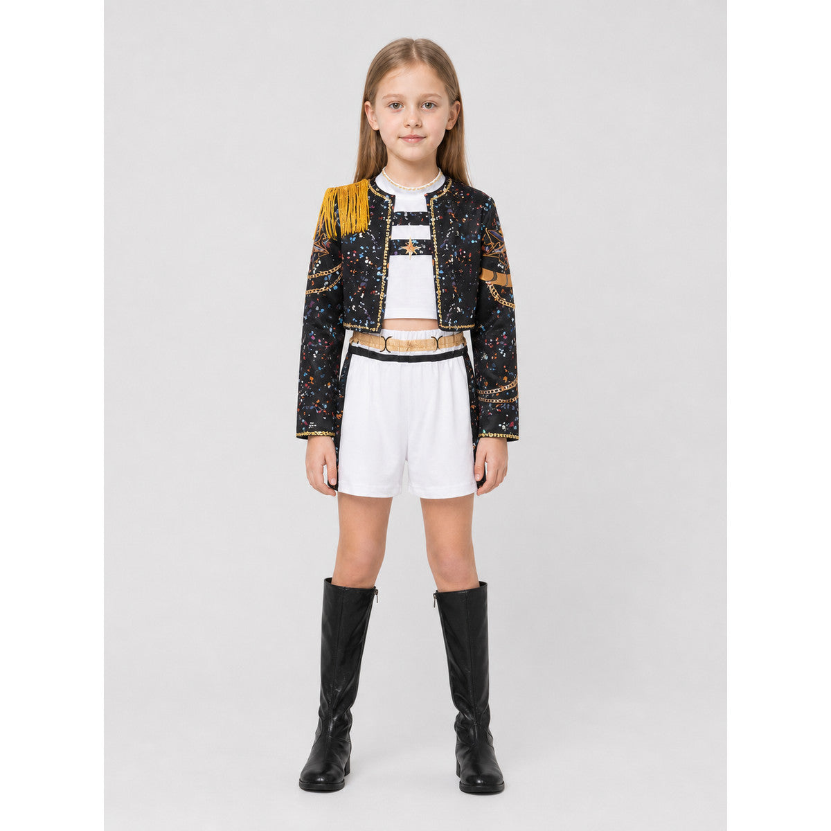 Children’s cosplay costume: jacket, top, and shorts on-model view