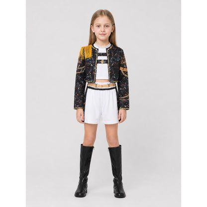 Children’s cosplay costume: jacket, top, and shorts on-model view