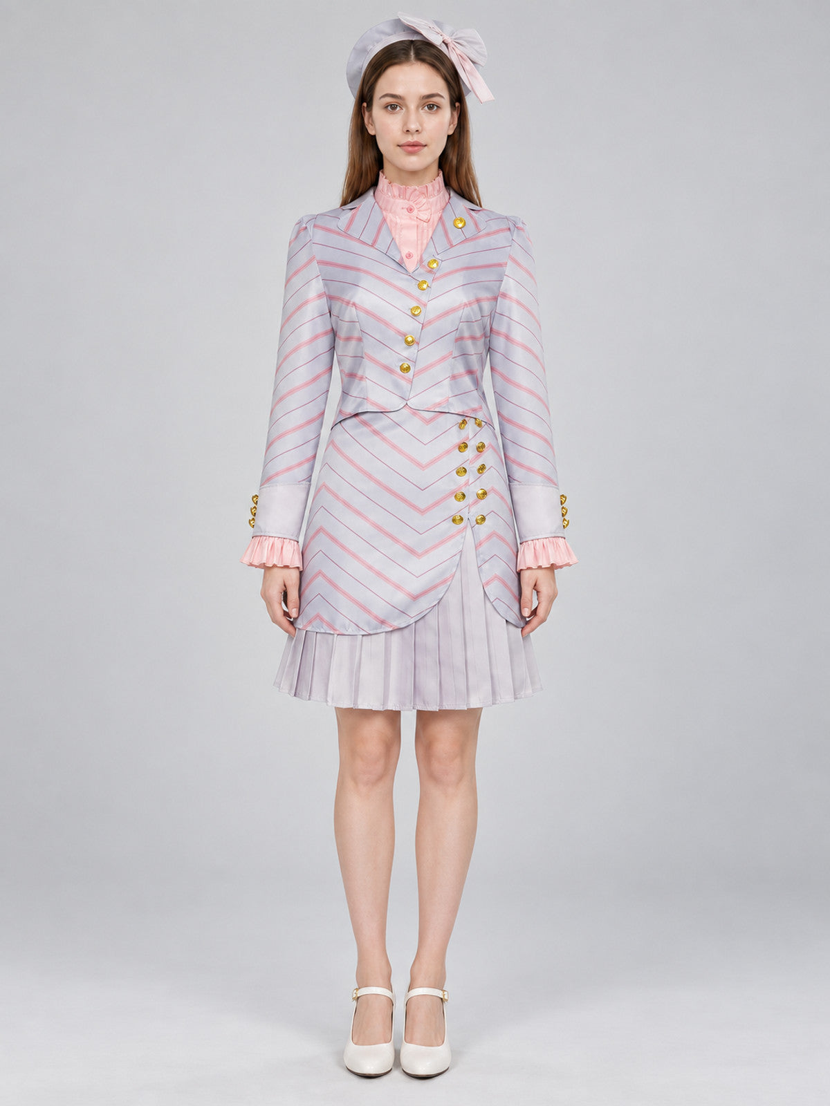 Cosplay costume with jacket, skirt, and headwear on-model view