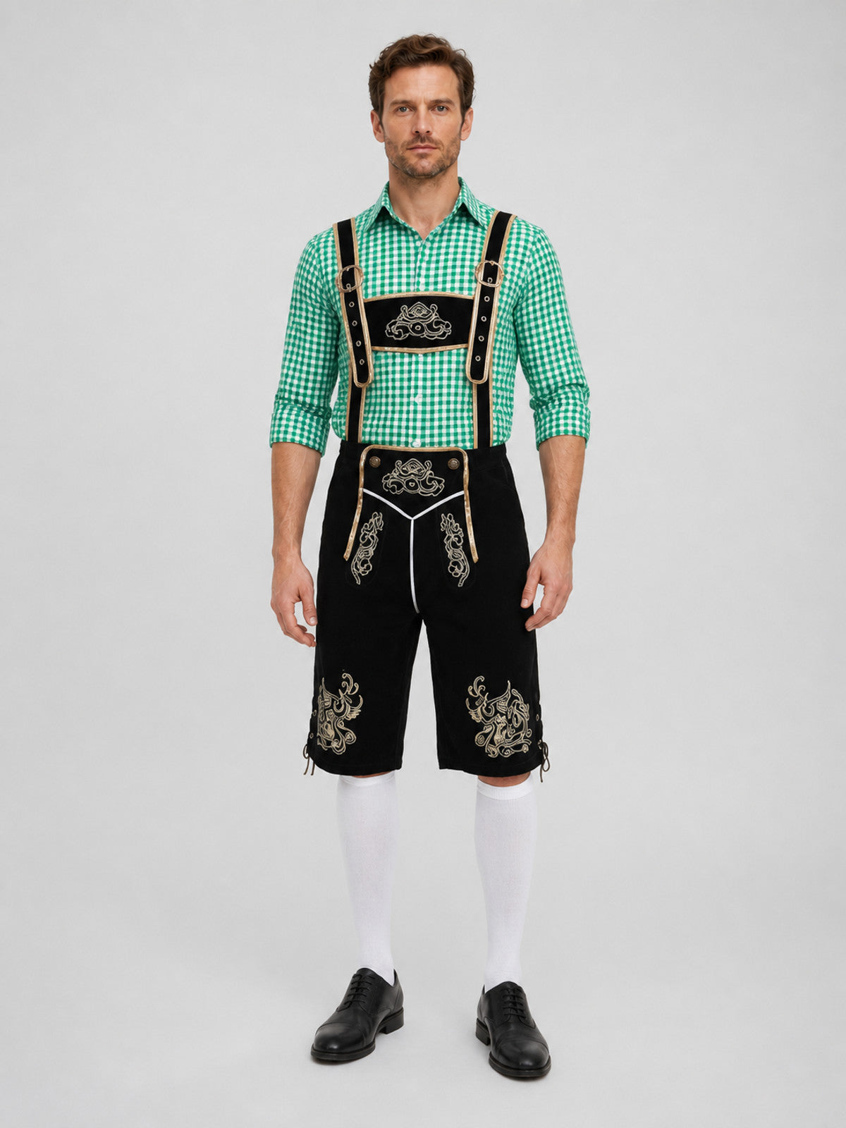 Bavarian Costume: Plaid Shirt, Shorts, and Hat on-model view