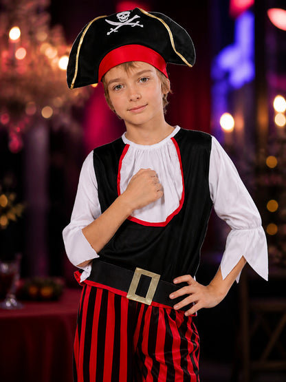 Kids Pirate Costume Set - Black & Red Striped Outfit with Skull Hat on-model view