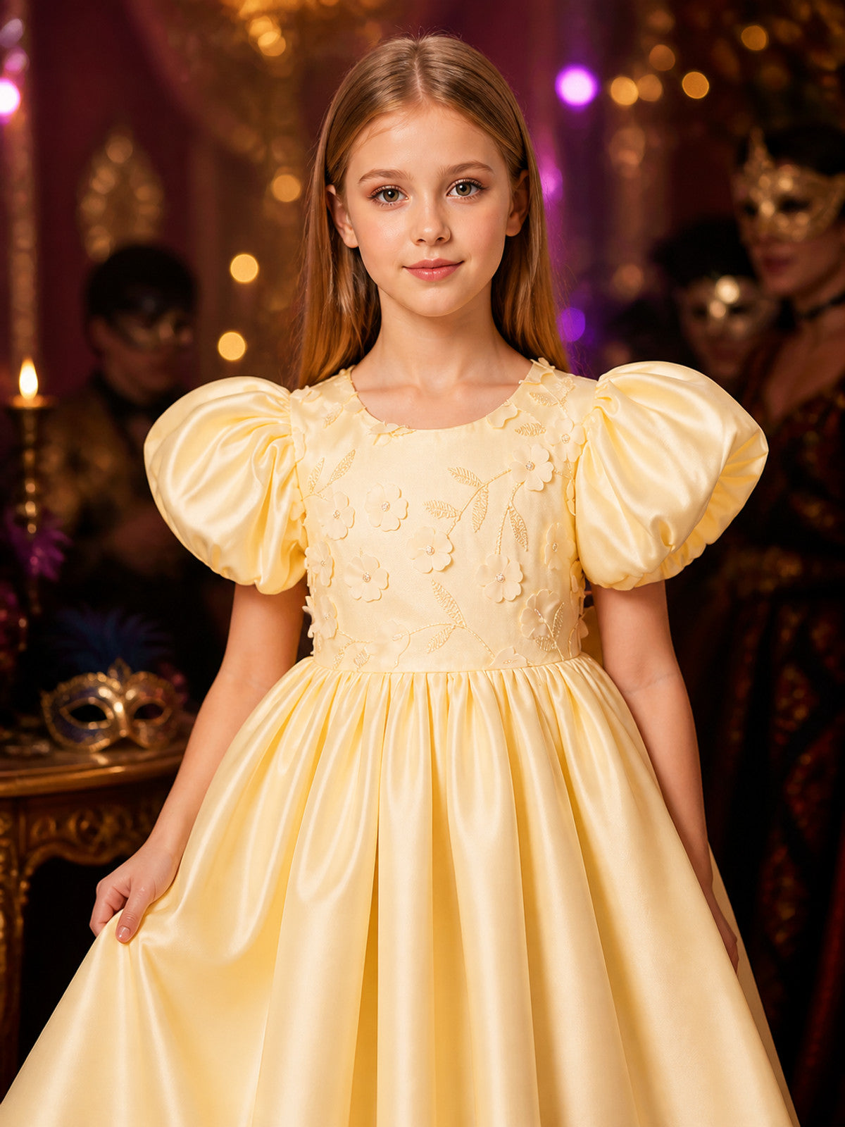Girls' Christening Dress, Puff Sleeve Princess Gown with Floral Appliqué and on-model view