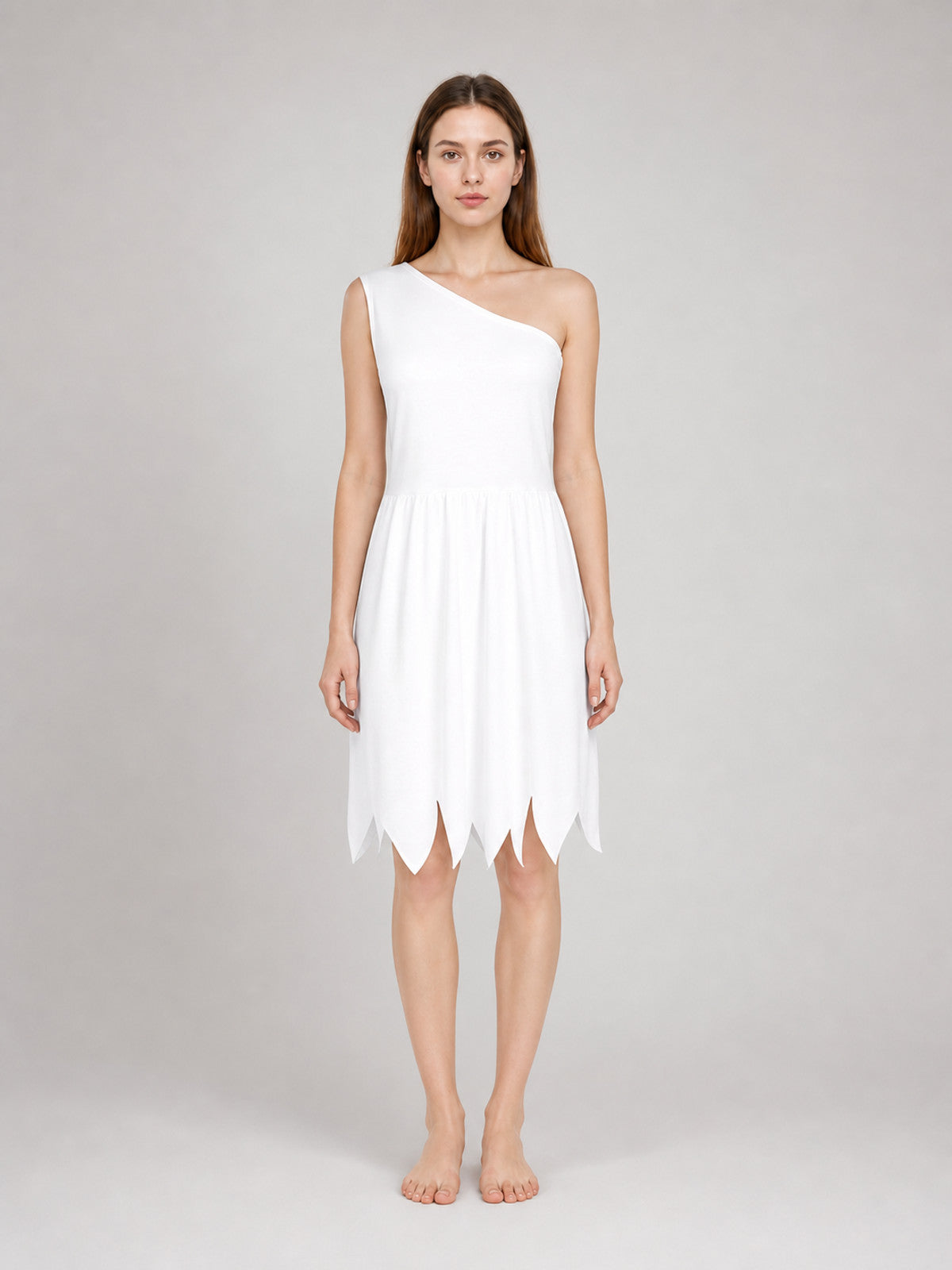 White one-shoulder costume dress in soft-looking fabric, shown full-body on a model with a gathered waist and pointed hem