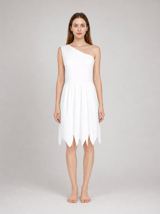 White one-shoulder costume dress in soft-looking fabric, shown full-body on a model with a gathered waist and pointed hem