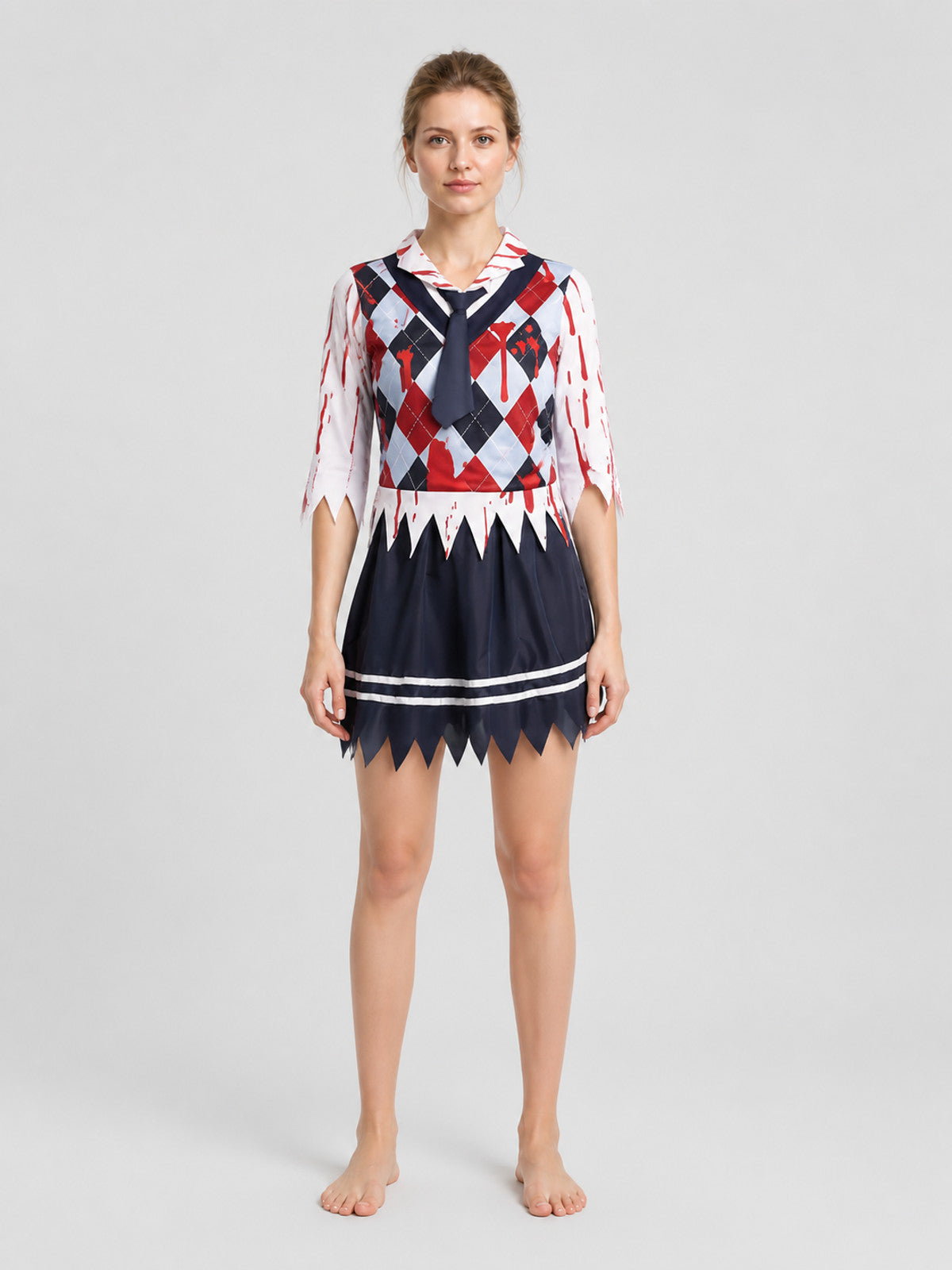 Zombie cosplay costume, school style, stripes on-model view