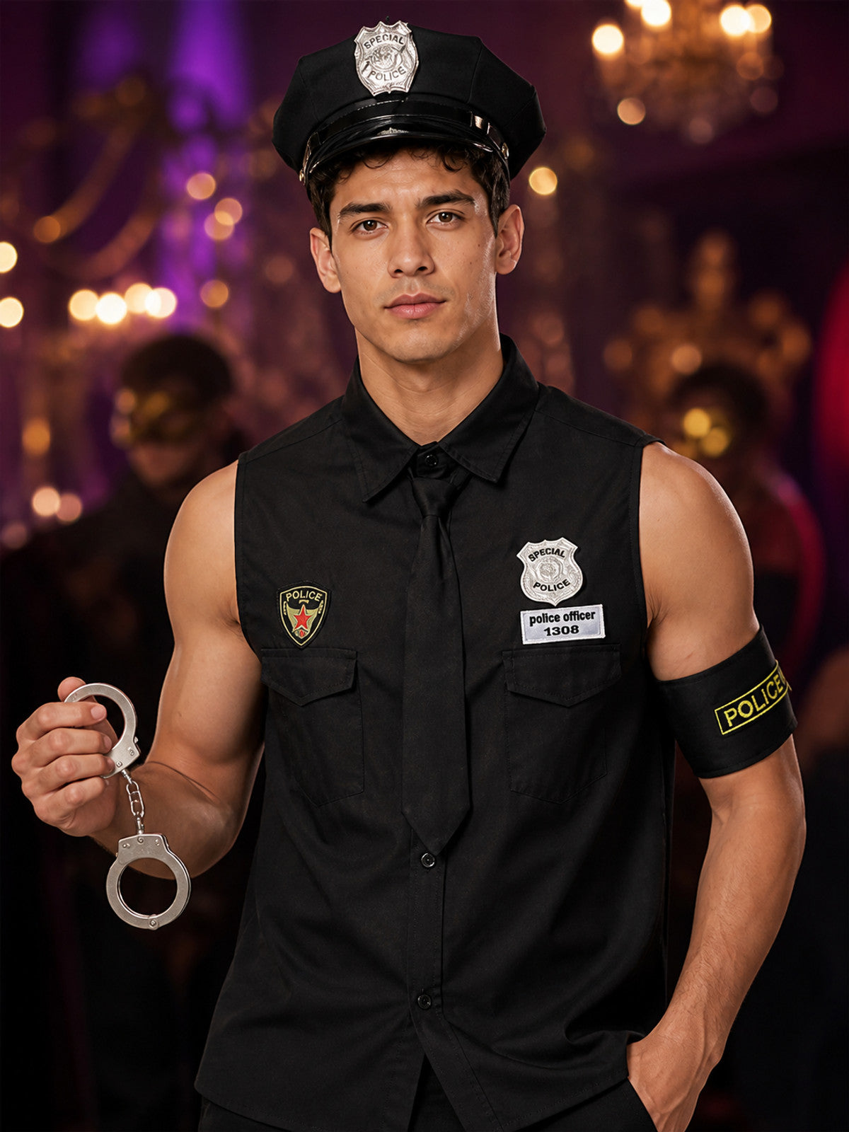 Women's Police Costume Set, Sleeveless Uniform Top with Hat, Tie, Armband and on-model view
