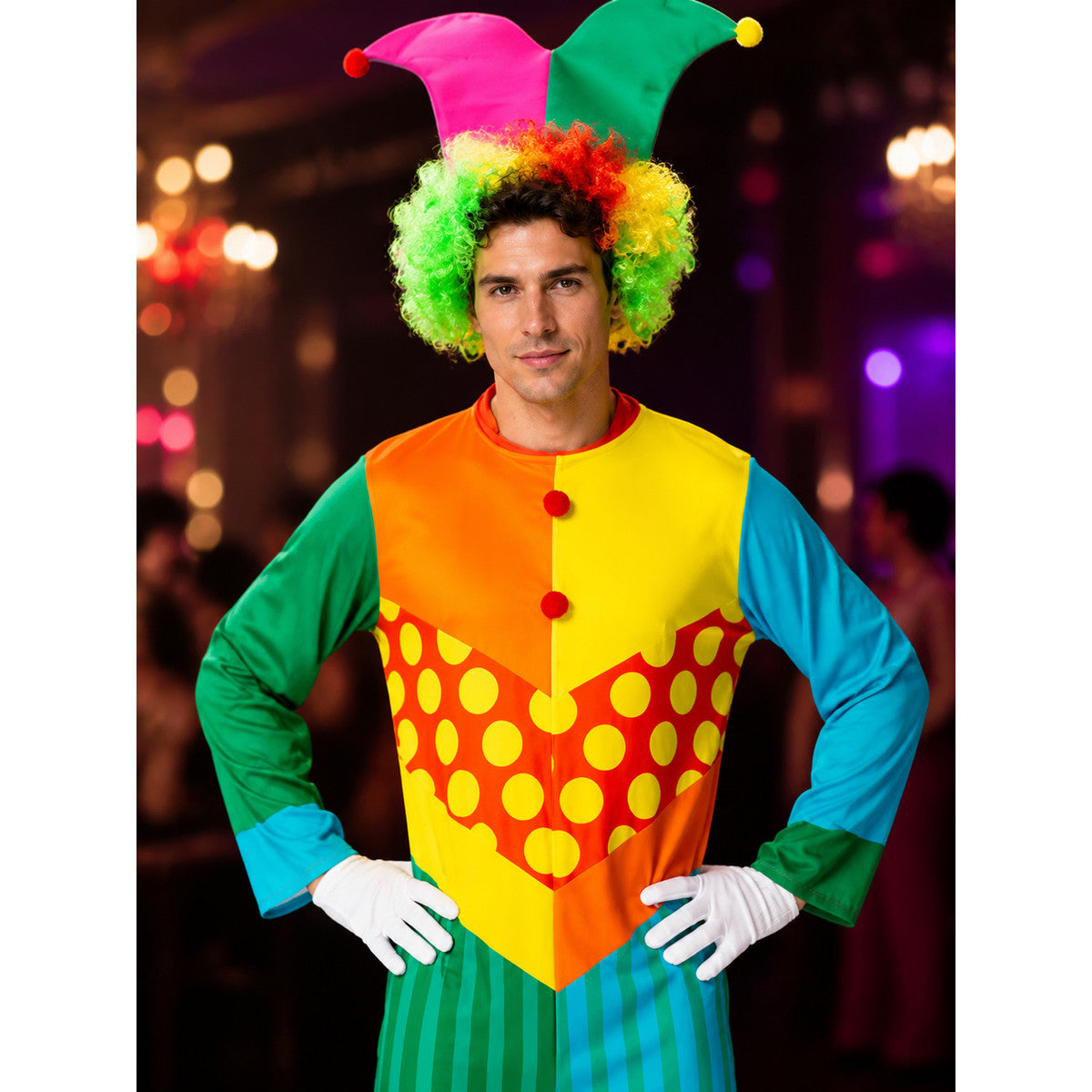 Adult Unisex Clown Jumpsuit Costume with Hat, Multicolor Striped Polka Dot on-model view