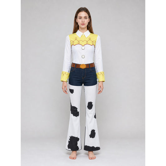 Woman wearing the cowgirl cosplay costume with yellow yoke shirt and cow-print flared pants, front view