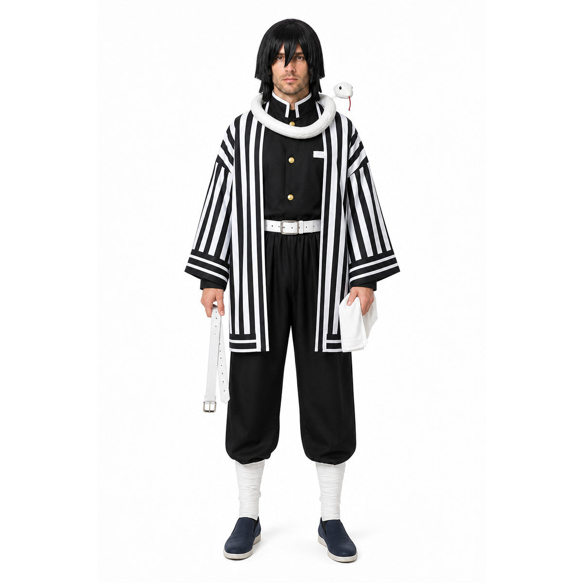 Obanai Iguro Cosplay Costume with Striped Kimono and Wig main product view