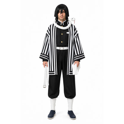 Obanai Iguro Cosplay Costume with Striped Kimono and Wig main product view