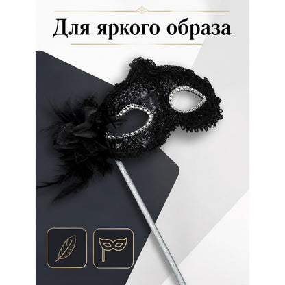 Carnival mask with black lace and feathers on a stick main product view