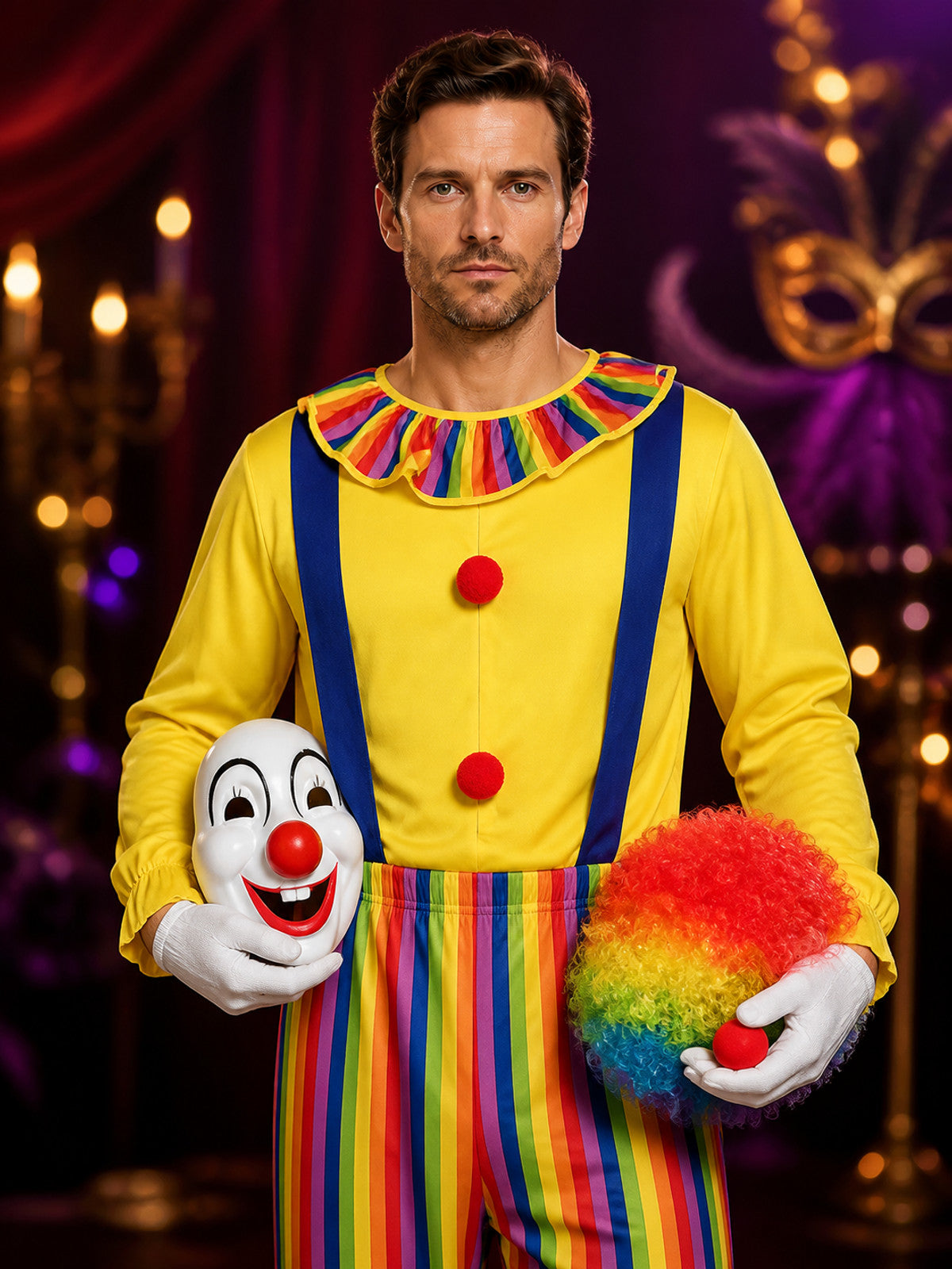 Rainbow Striped Clown Costume for Masquerades and Halloween on-model view