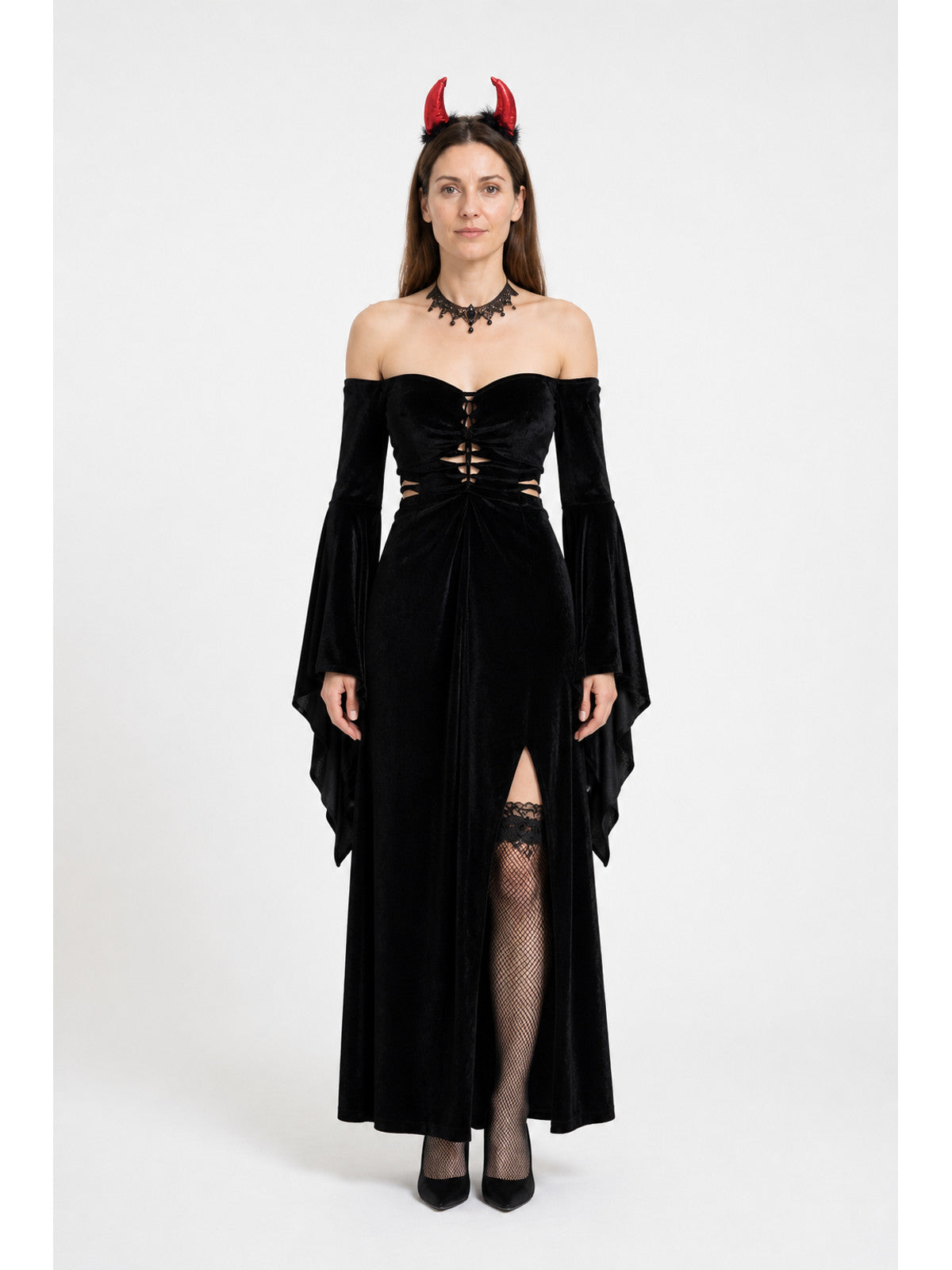 Black Gothic Long Dress with Red Horns main product view