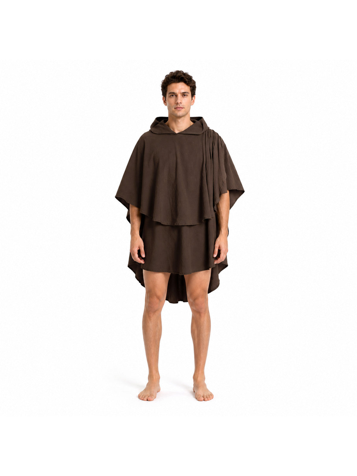 Women's Hooded Wanderer Cloak Costume with Layered Hem, Shoulder Draped Pleats