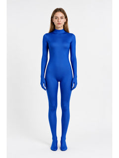 Blue Tight-Fitting Hooded Jumpsuit