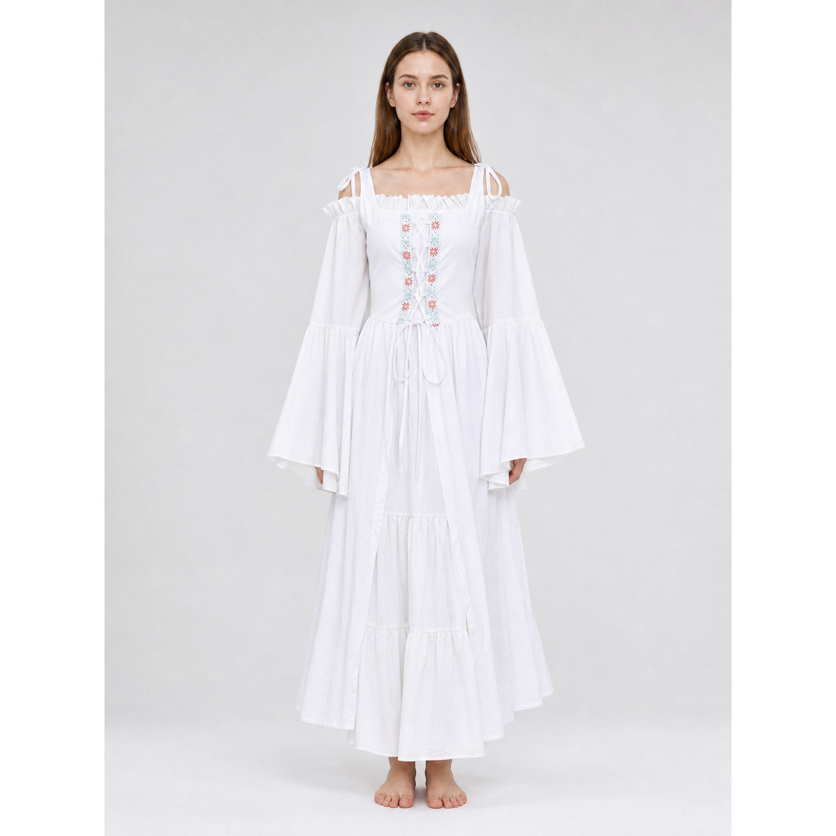 Retro-Style Embroidered Lace-Up Maxi Dress