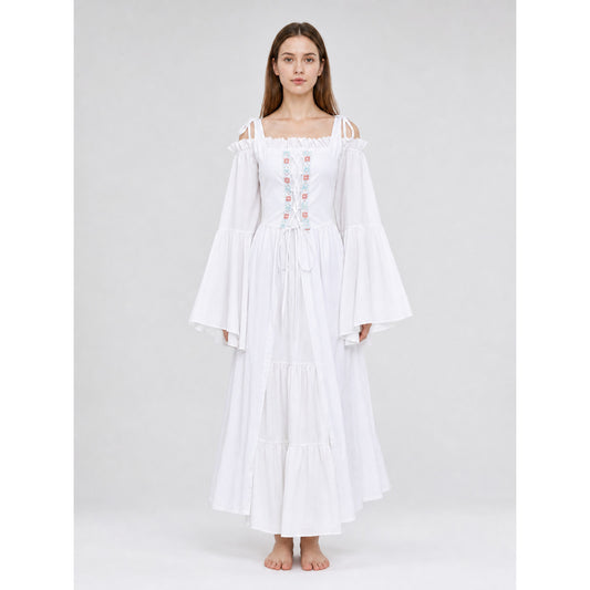 Retro-Style Embroidered Lace-Up Maxi Dress