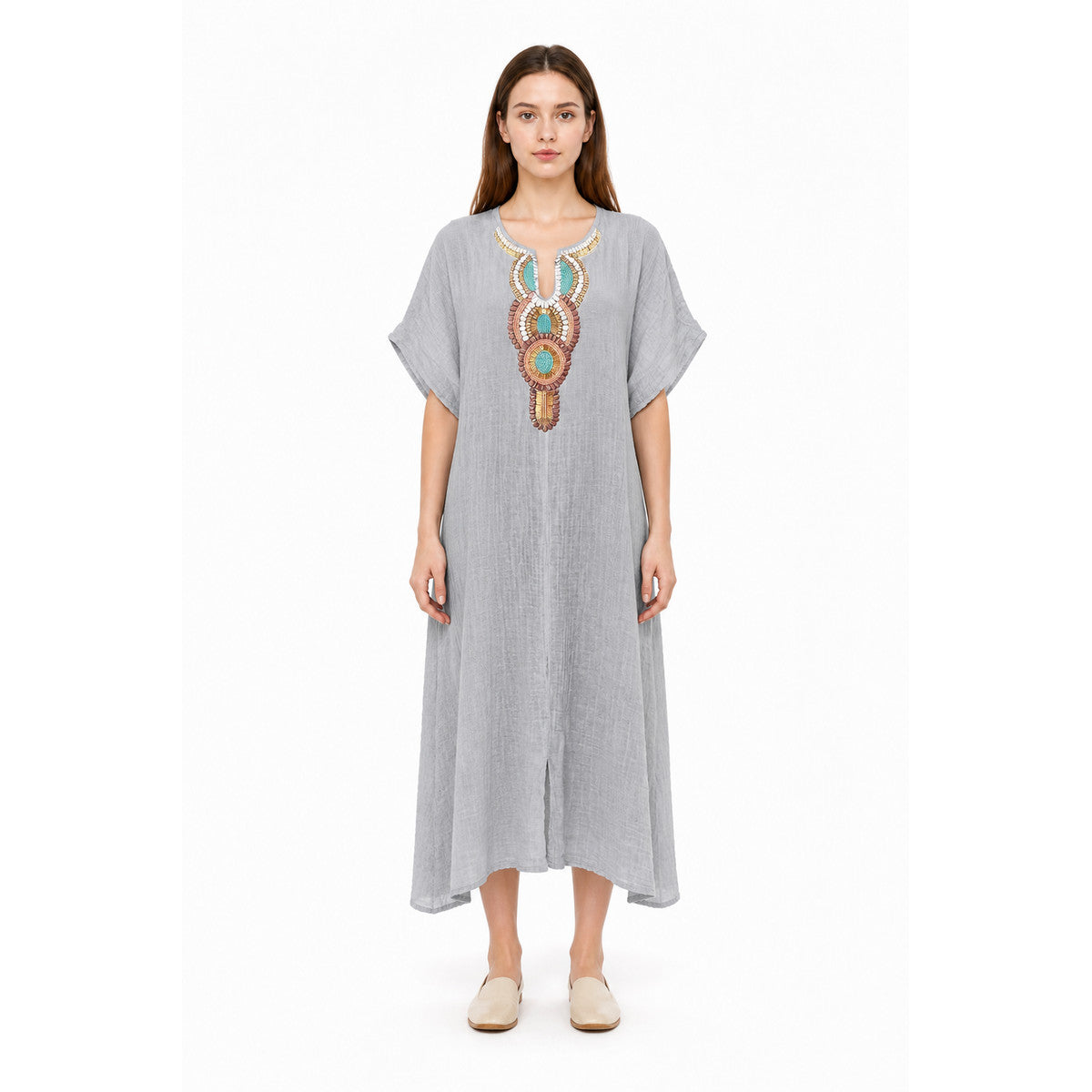 Loose-Fit Midi Dress with Beads and Round Neckline main product view