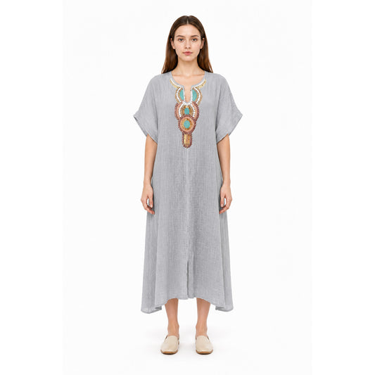 Loose-Fit Midi Dress with Beads and Round Neckline main product view