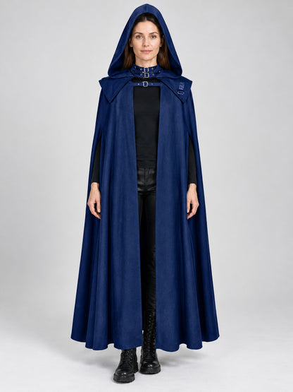 Long Hooded Cloak Cape with Buckles, Dark Blue