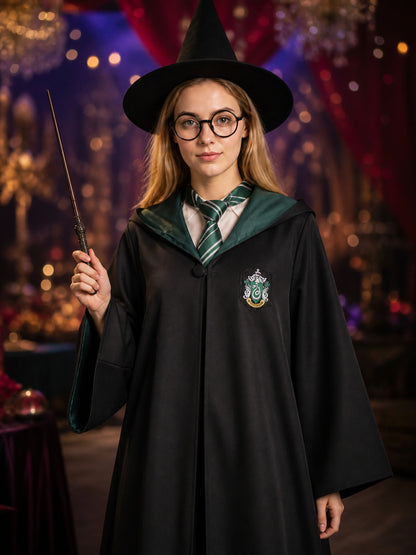Wizard Costume Set With Hooded Robe, Striped Tie And Accessories on-model view