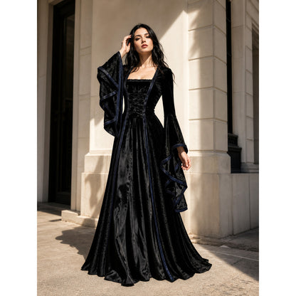 Gothic Black Dress with Lace-Up Detail and Long Sleeves